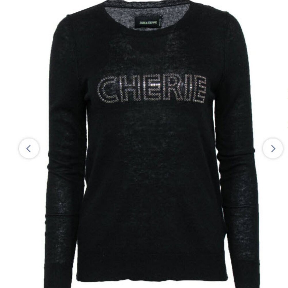 Zadig & Voltaire - Black Cashmere Sweater W/ Embellished "Cherie" Logo